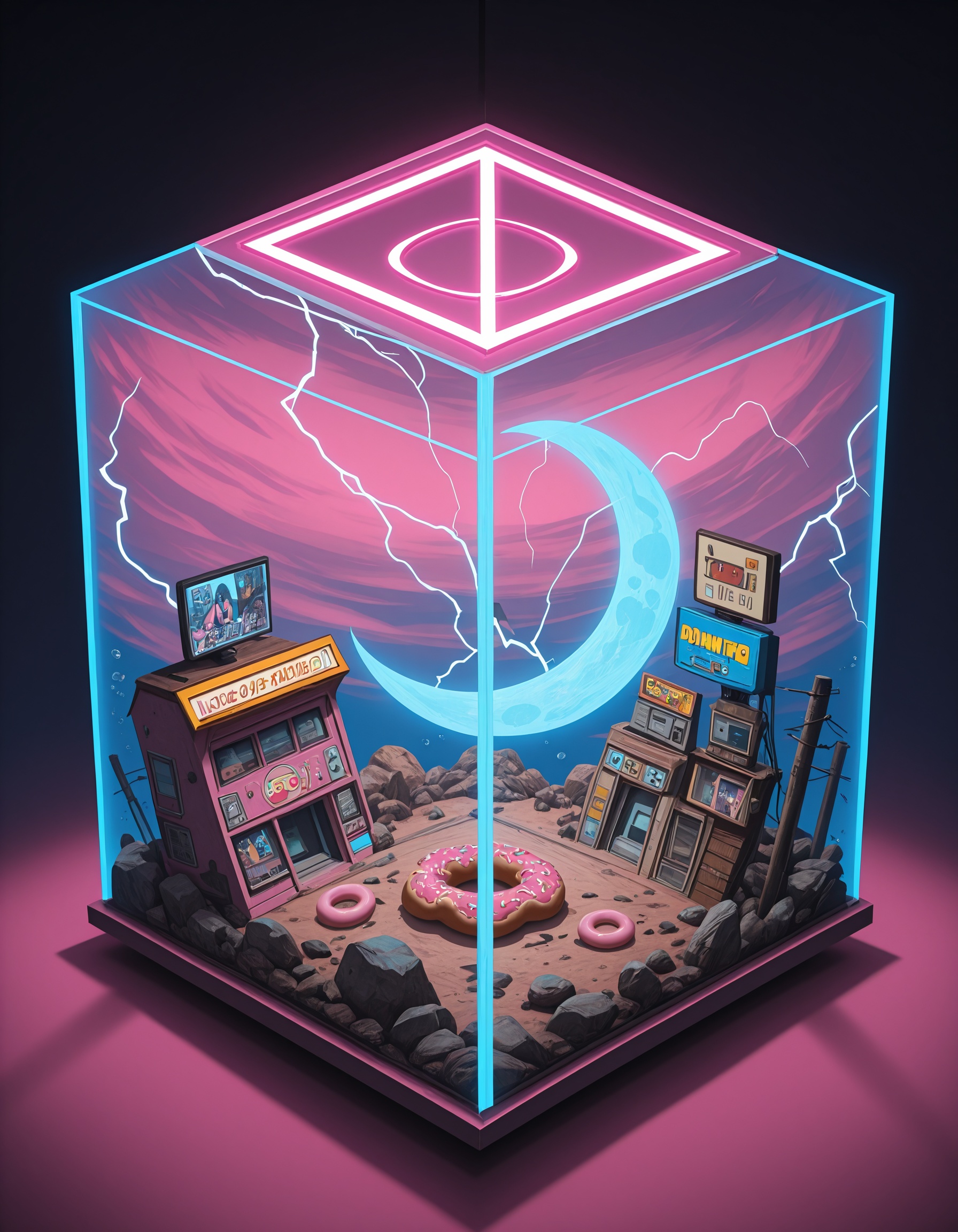 neon isometric,  ground vehicle,  crescent moon on Tensor.Art