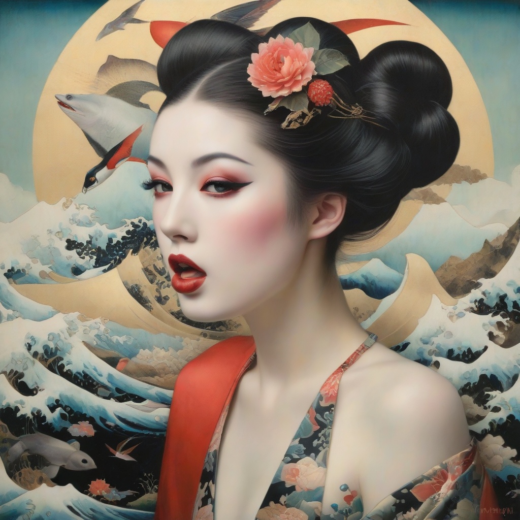 1 Petite girl,  realistic figures in the foreground,  Ukiyo-e painting in the background an art deco painting:0.25 a photo...