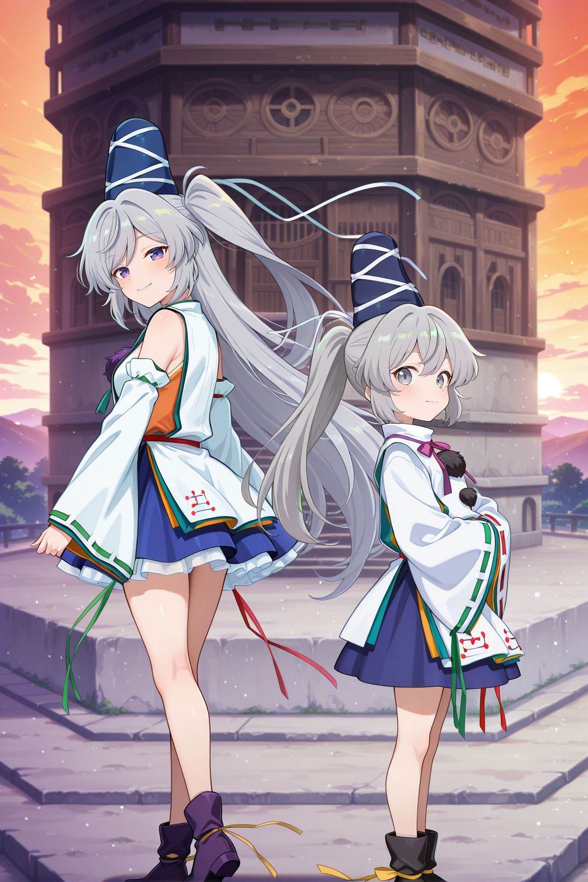 2girls,  back to back,  looking at viewer on Tensor.Art