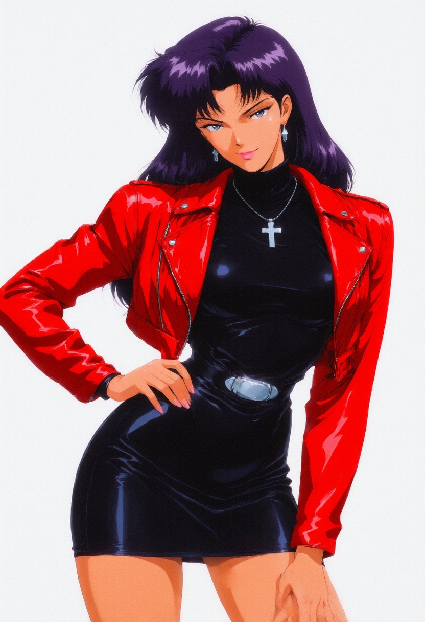 retro_neo_noir,  retro,  retro artstyle. A confident woman with long dark purple hair and sharp eyes exudes charisma and s...
