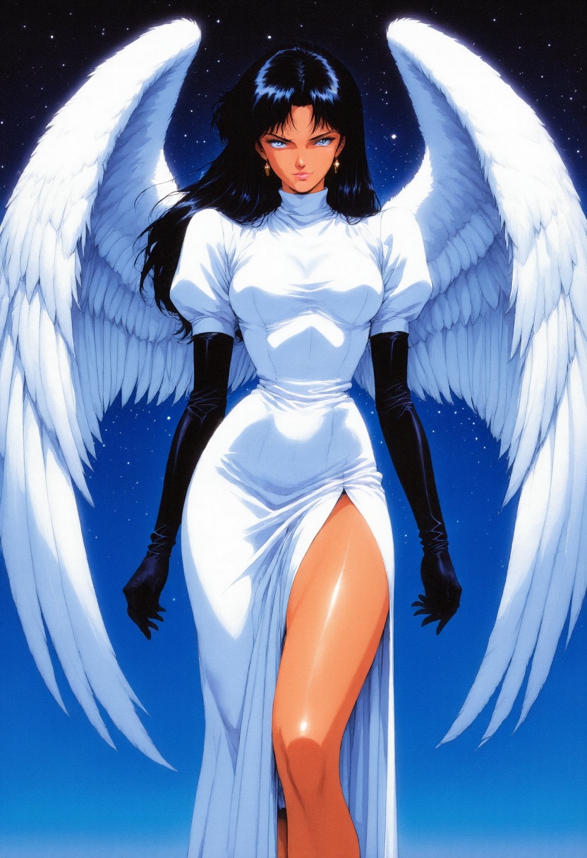 retro_neo_noir,  retro,  retro artstyle. A striking angelic woman stands beneath a starlit sky on Tensor.Art