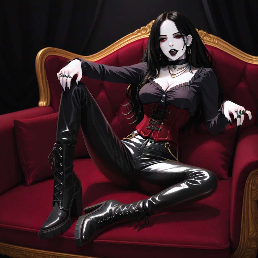 gothic Long Sleeve Blouse,  cleavage,  red velvet corset on Tensor.Art