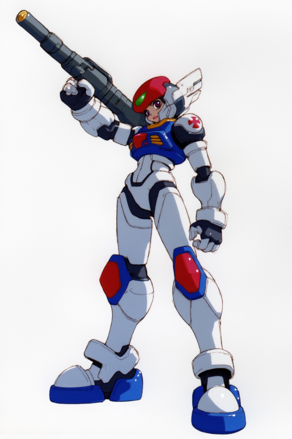 the full-body character design of an anime futuristic,  humanoid robot,  The model is depicted in a dynamic stance on Tens...