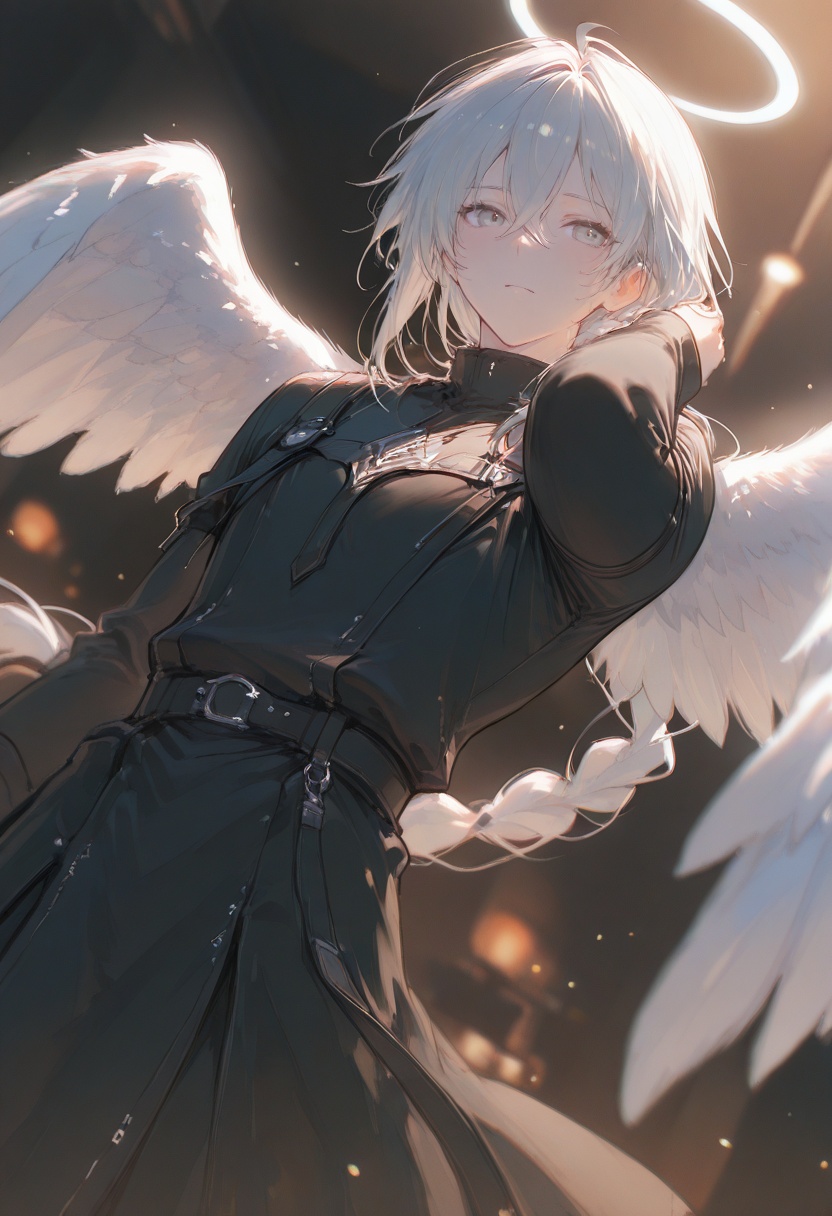 A young man with long silver hair and silver eyes,  wearing dark clothing,  with a dark style and backlighting. His hair i...