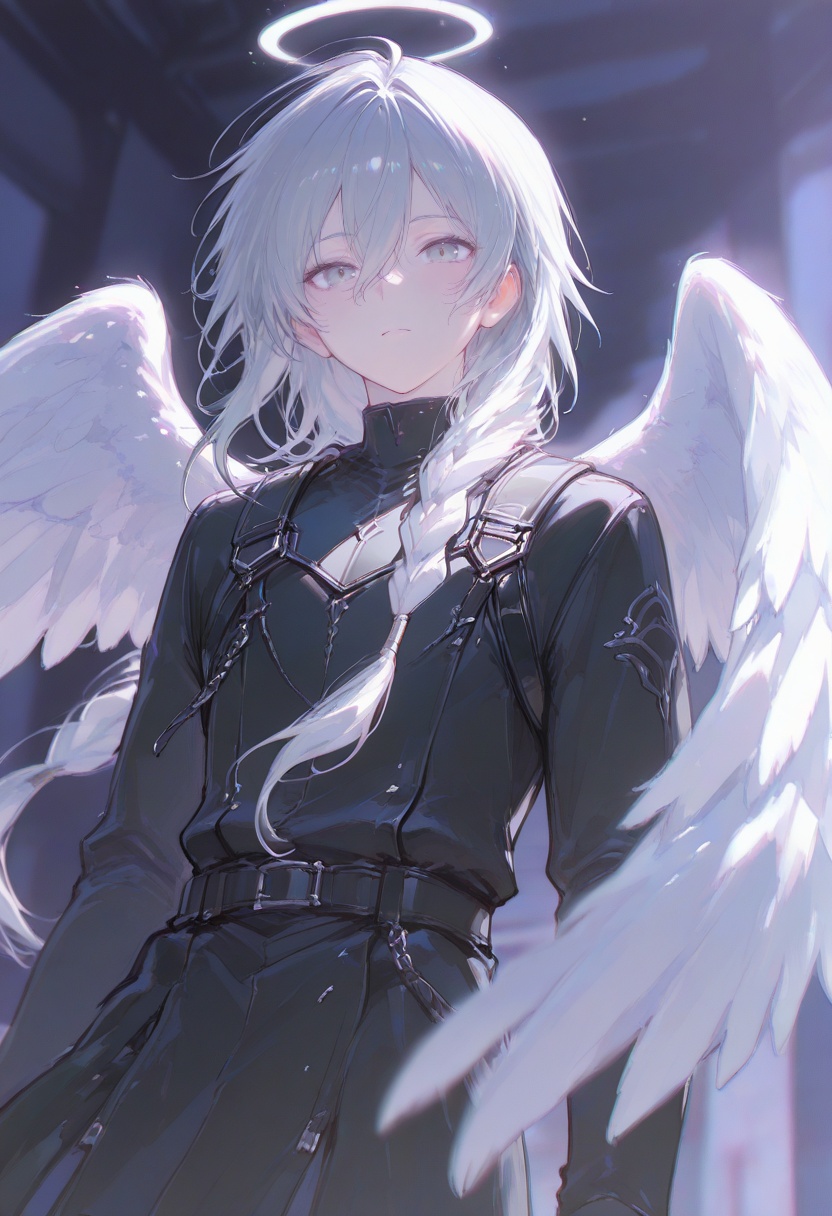 A young man with long silver hair and silver eyes,  wearing dark clothing,  with a dark style and backlighting. His hair i...