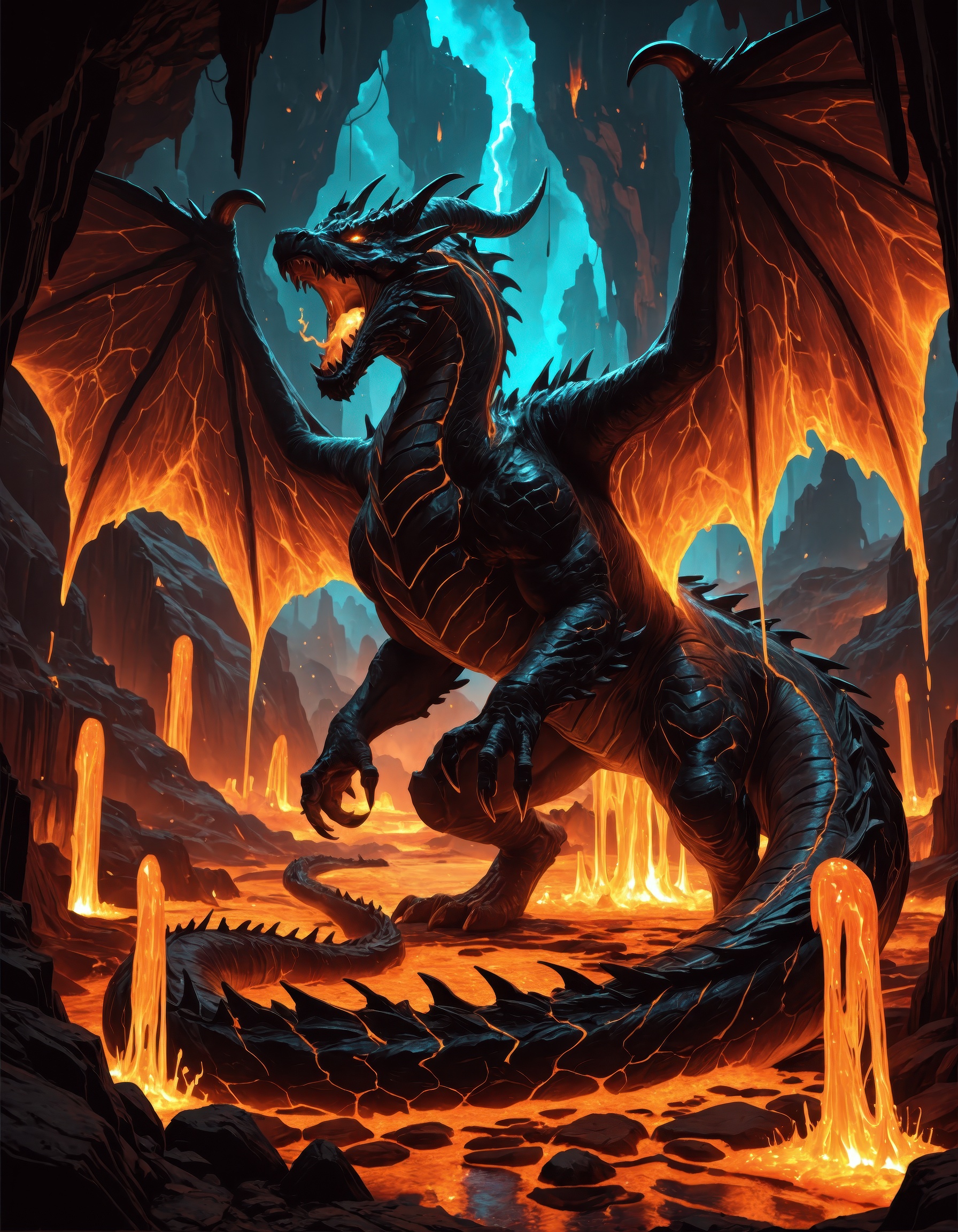 dragon's lair,  volcanic cavern,  roaring volcano on Tensor.Art