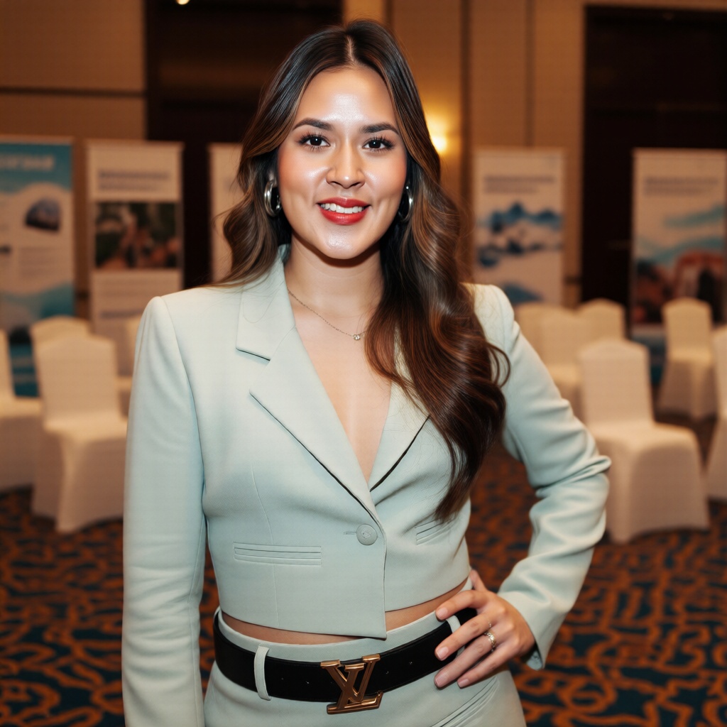 a photo of a r4is4 woman posing confidently in an indoor event space,  offering a warm and direct smile to the camera. Her...
