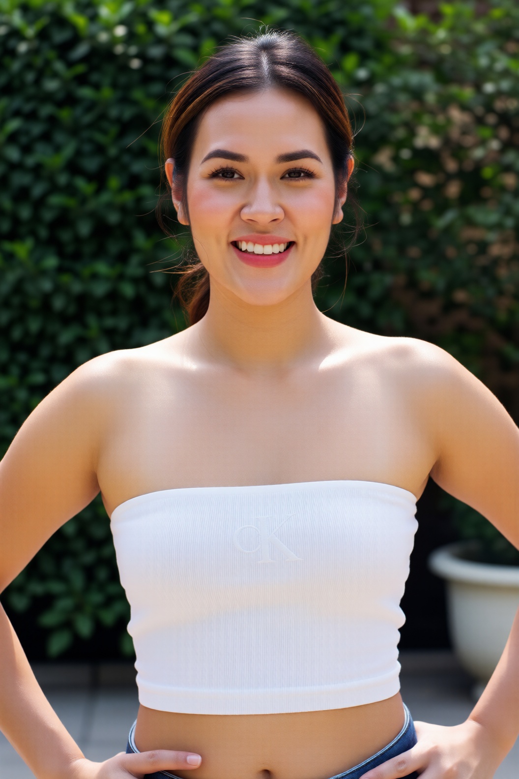 a photo of a r4is4 woman smiling warmly and confidently at the camera,  her head tilted slightly,  with bright on Tensor.Art
