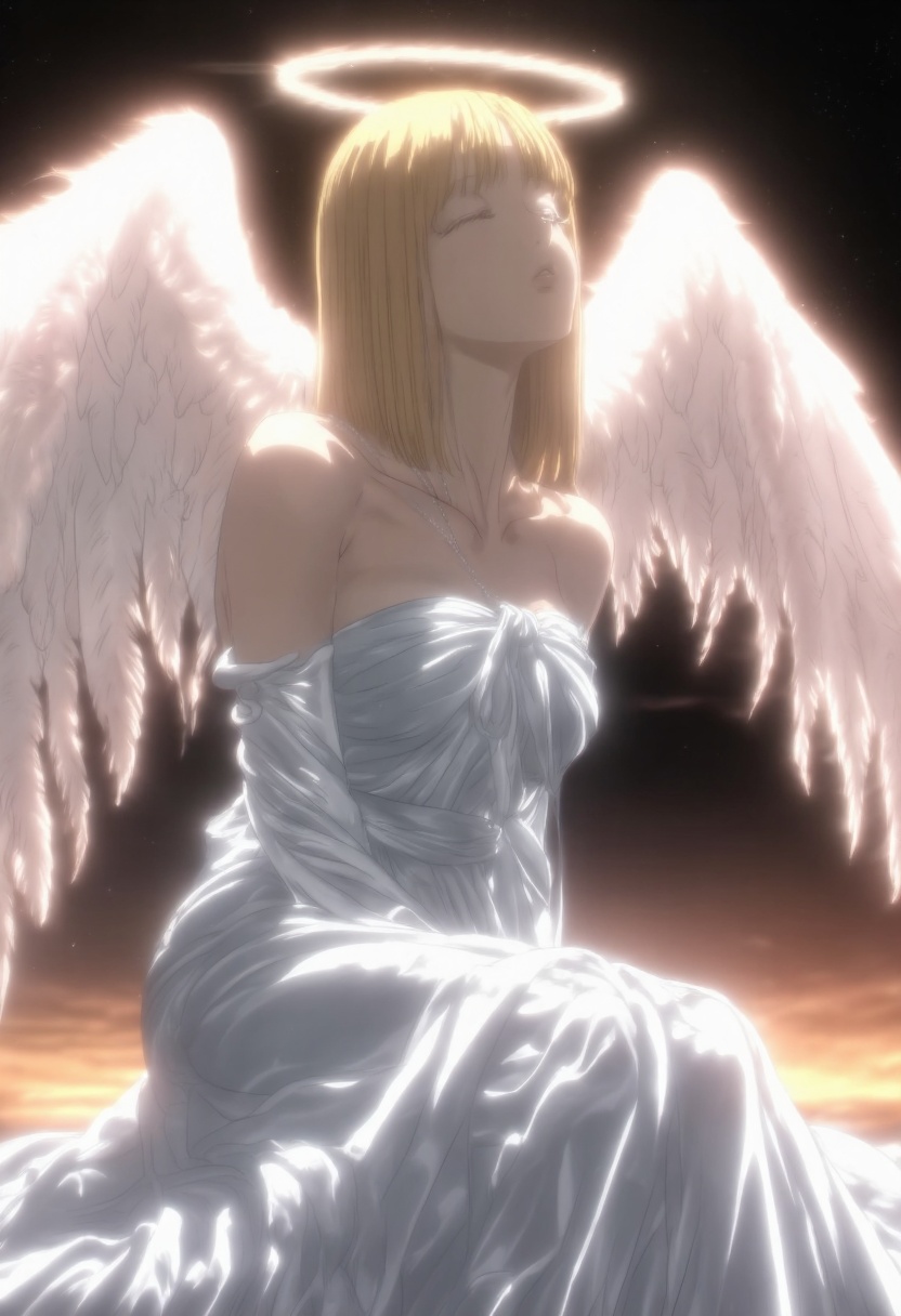 dark_art_style,  A serene,  ethereal woman with golden hair sits illuminated by a radiant halo above her head. Her soft ex...