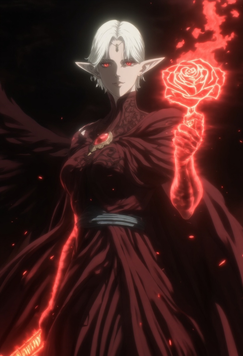 dark_art_style. A powerful elven sorceress with pale hair and crimson eyes stands shrouded in shadows,  her expression cal...