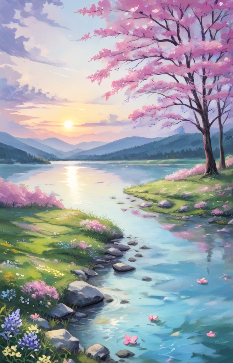 Oil painting. Impressionist style. Landscape with a meadow of flowers and a river. Wide shot,  atmospheric depth. Visible...