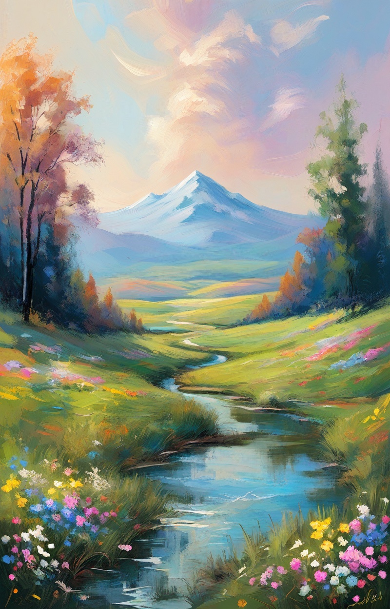 Oil painting. Impressionist style. Landscape with a meadow of flowers and a river. Wide shot,  atmospheric depth. Visible...