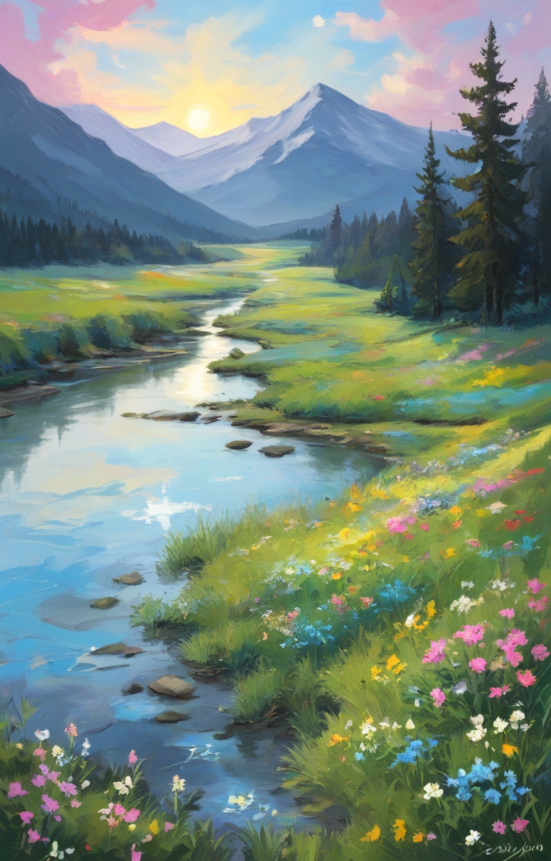 Oil painting. Impressionist style. Landscape with a meadow of flowers and a river. Wide shot,  atmospheric depth. Visible...
