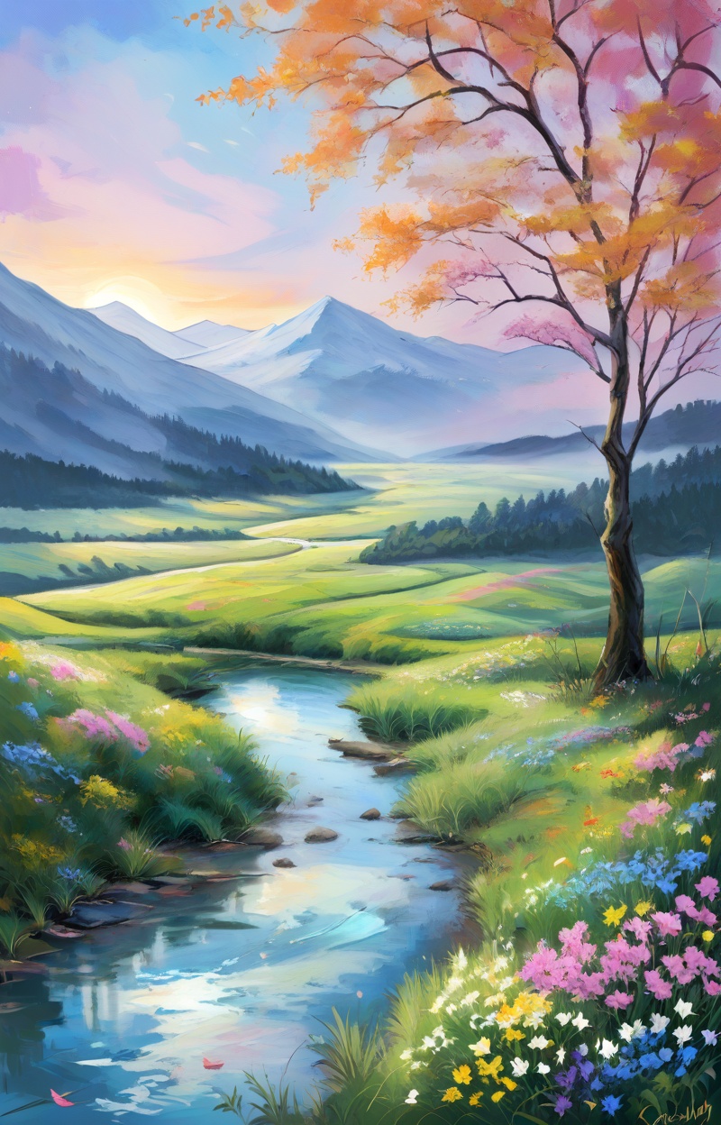 Oil painting. Impressionist style. Landscape with a meadow of flowers and a river. Wide shot,  atmospheric depth. Visible...