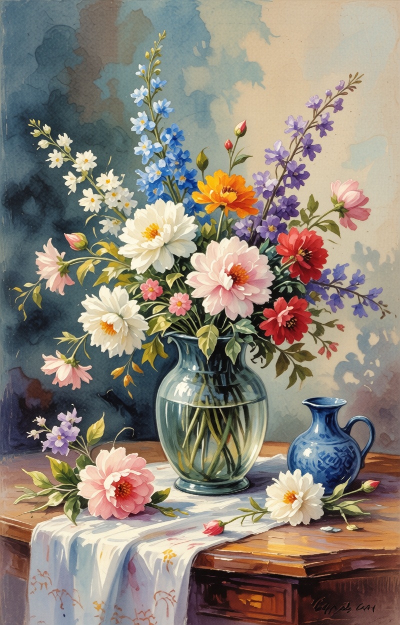 ((Painterly blur)). Impressionist watercolor painting,  still life with flowers,  delicate brush strokes on Tensor.Art