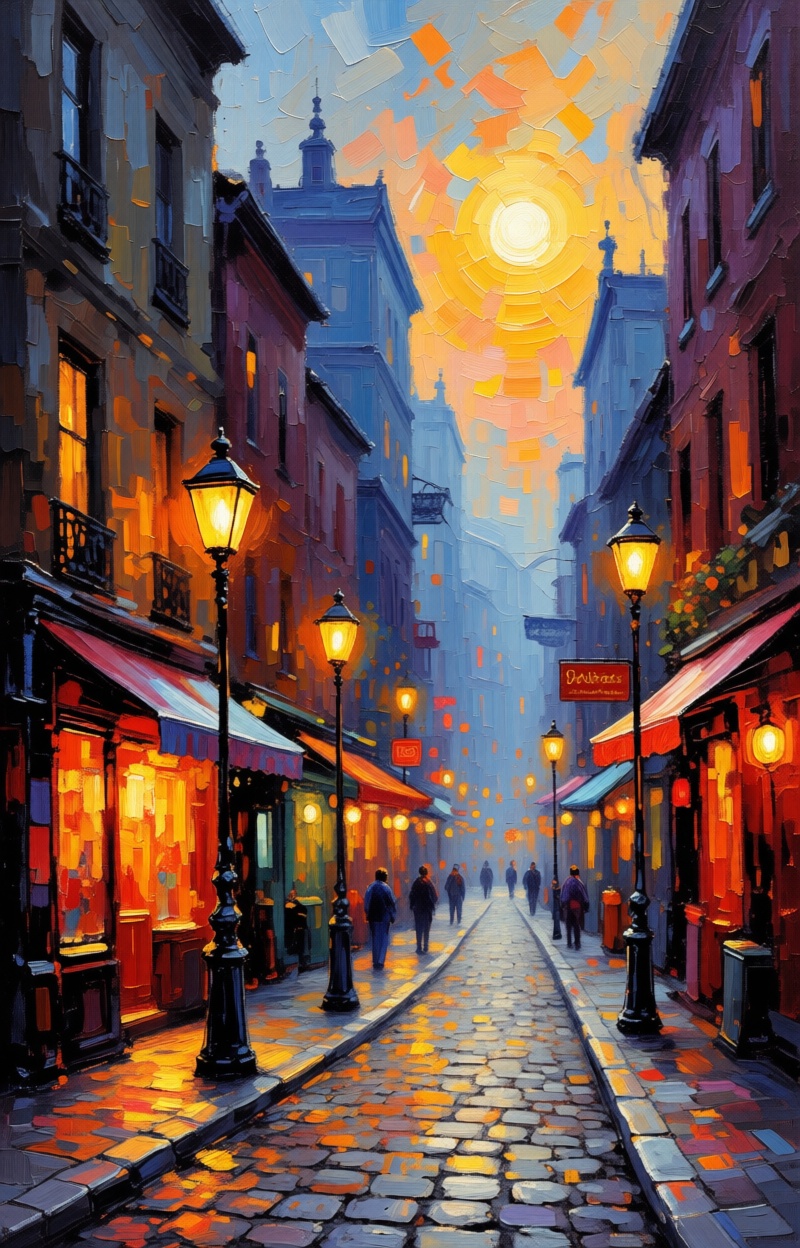 ((Painterly blur)). Impressionist oil painting,  city street scene,  dreamy atmosphere on Tensor.Art