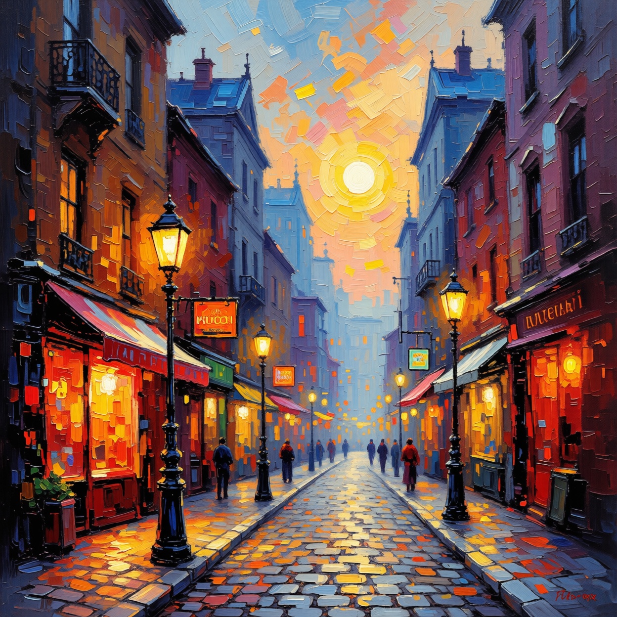 ((Painterly blur)). Impressionist oil painting,  city street scene,  dreamy atmosphere on Tensor.Art
