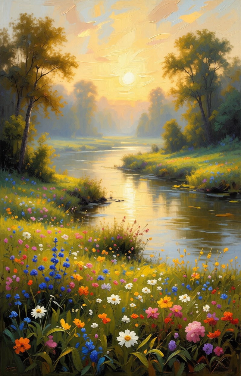 Oil painting. Impressionist style. Landscape with a meadow of flowers and a river. Wide shot,  atmospheric depth. Visible...