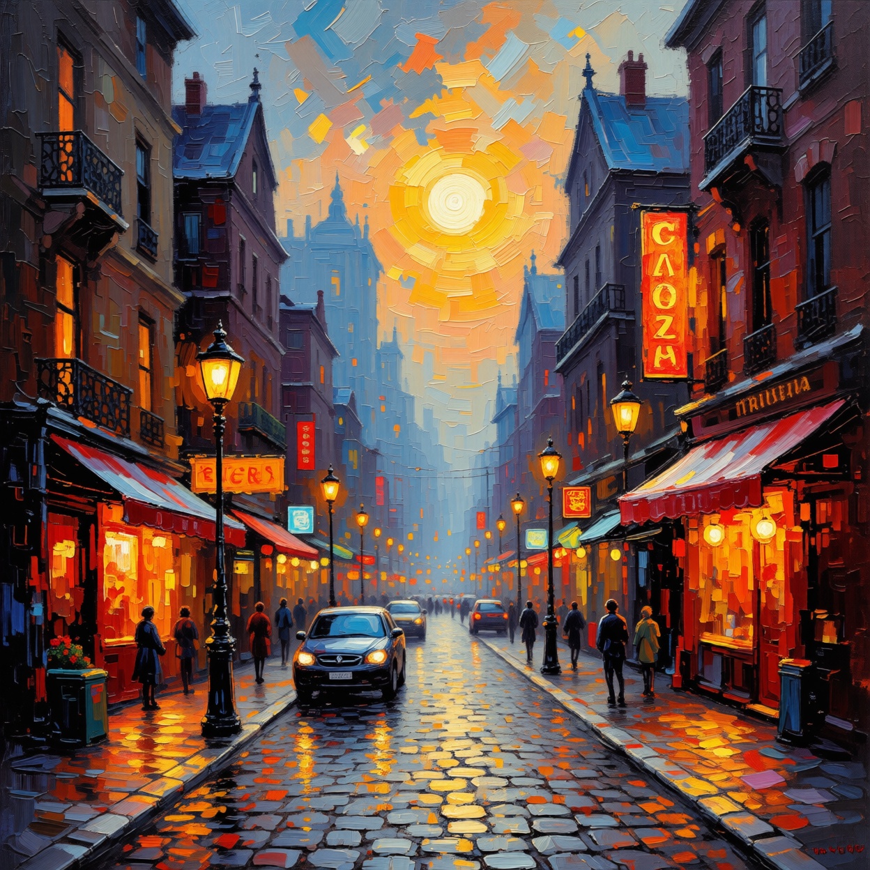 ((Painterly blur)). Impressionist oil painting,  city street scene,  dreamy atmosphere on Tensor.Art