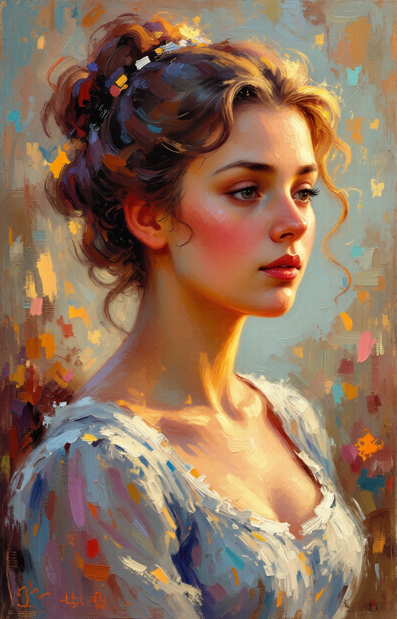 ((Painterly blur)). Impressionist oil painting,  portrait of a woman,  expressive brush strokes on Tensor.Art
