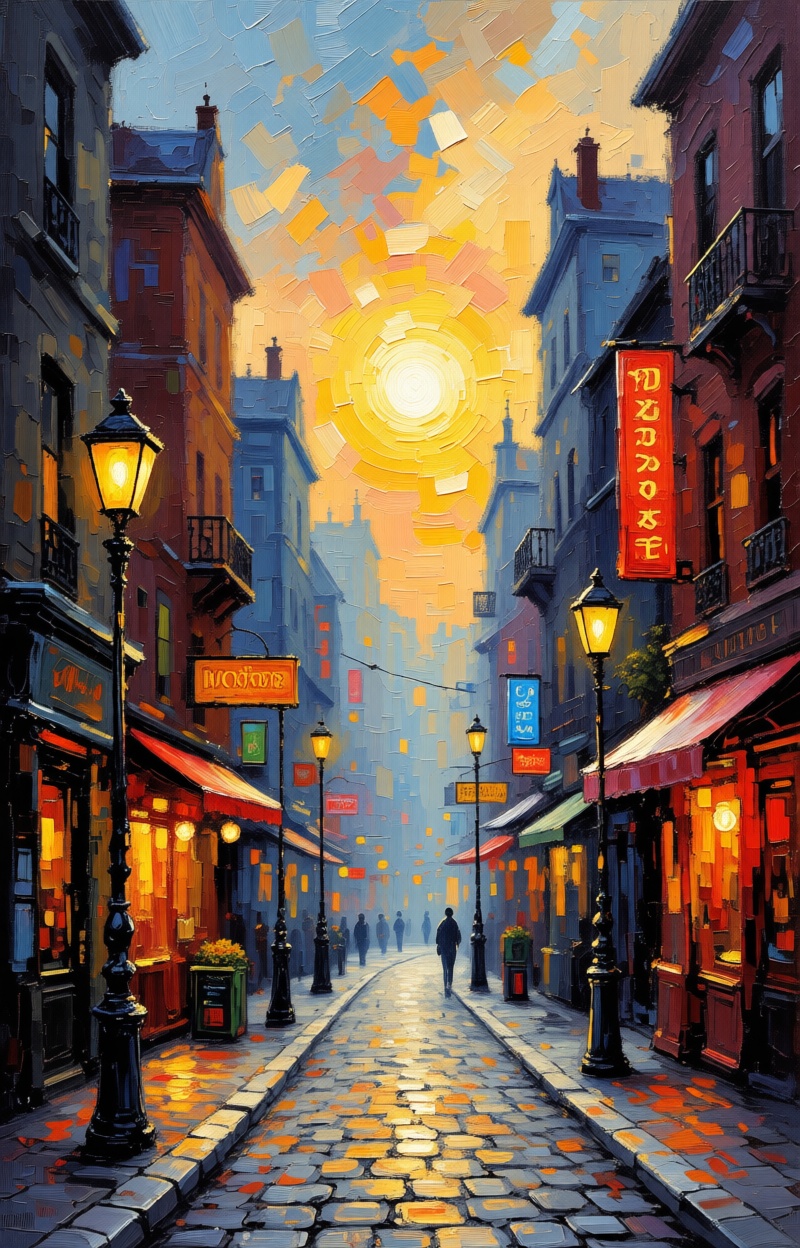 ((Painterly blur)). Impressionist oil painting,  city street scene,  dreamy atmosphere on Tensor.Art
