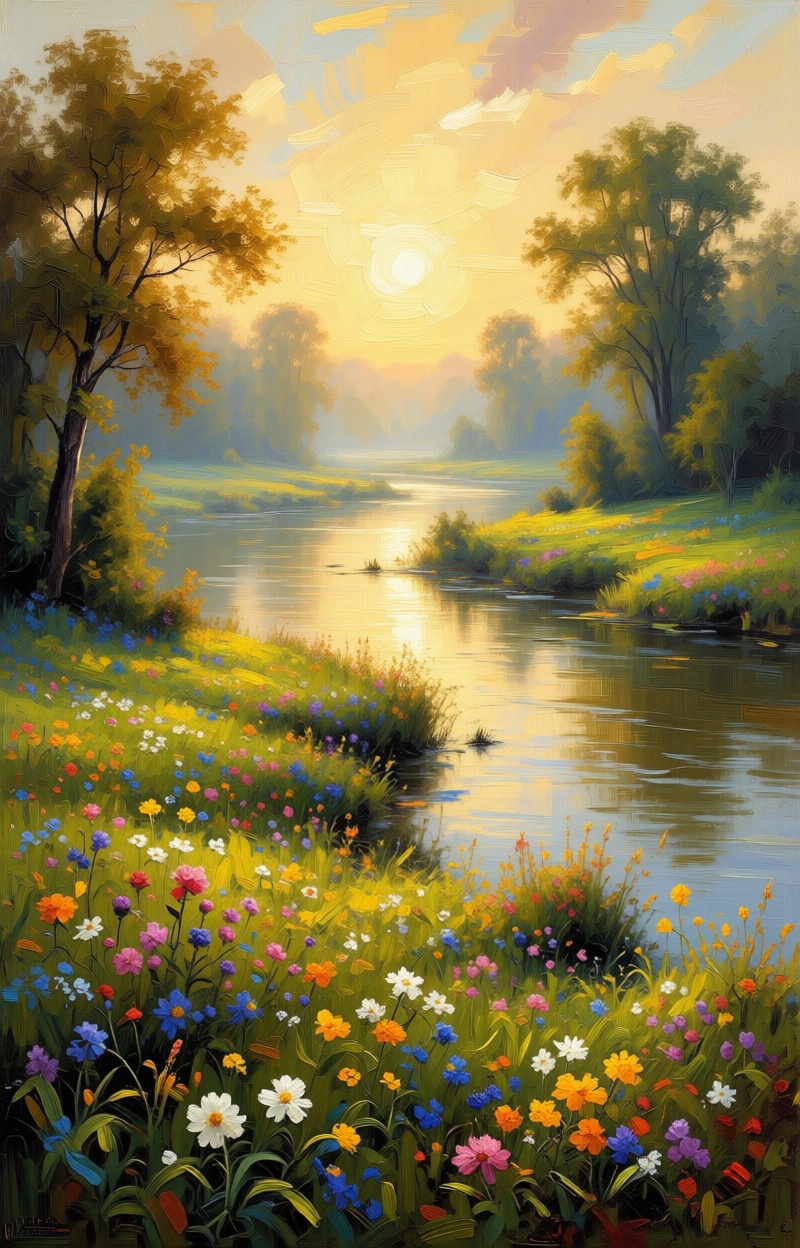 Oil painting. Impressionist style. Landscape with a meadow of flowers and a river. Wide shot,  atmospheric depth. Visible...