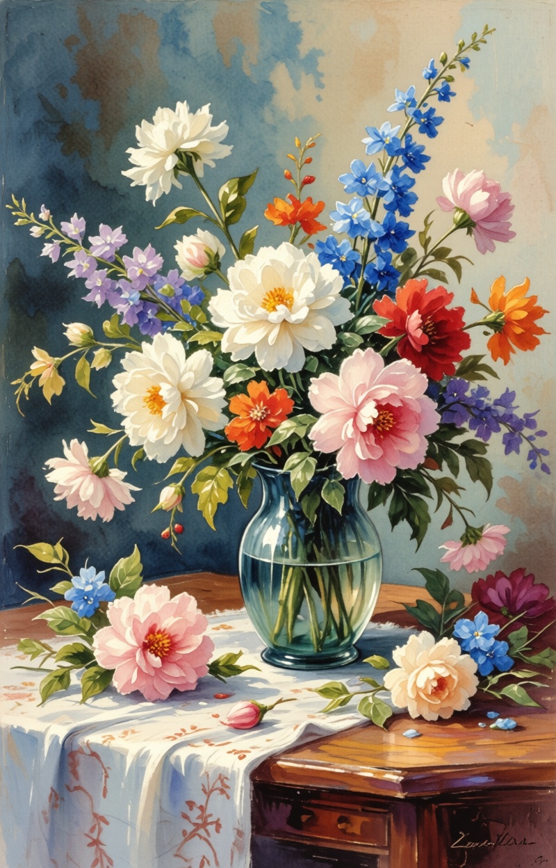 ((Painterly blur)). Impressionist watercolor painting,  still life with flowers,  delicate brush strokes on Tensor.Art