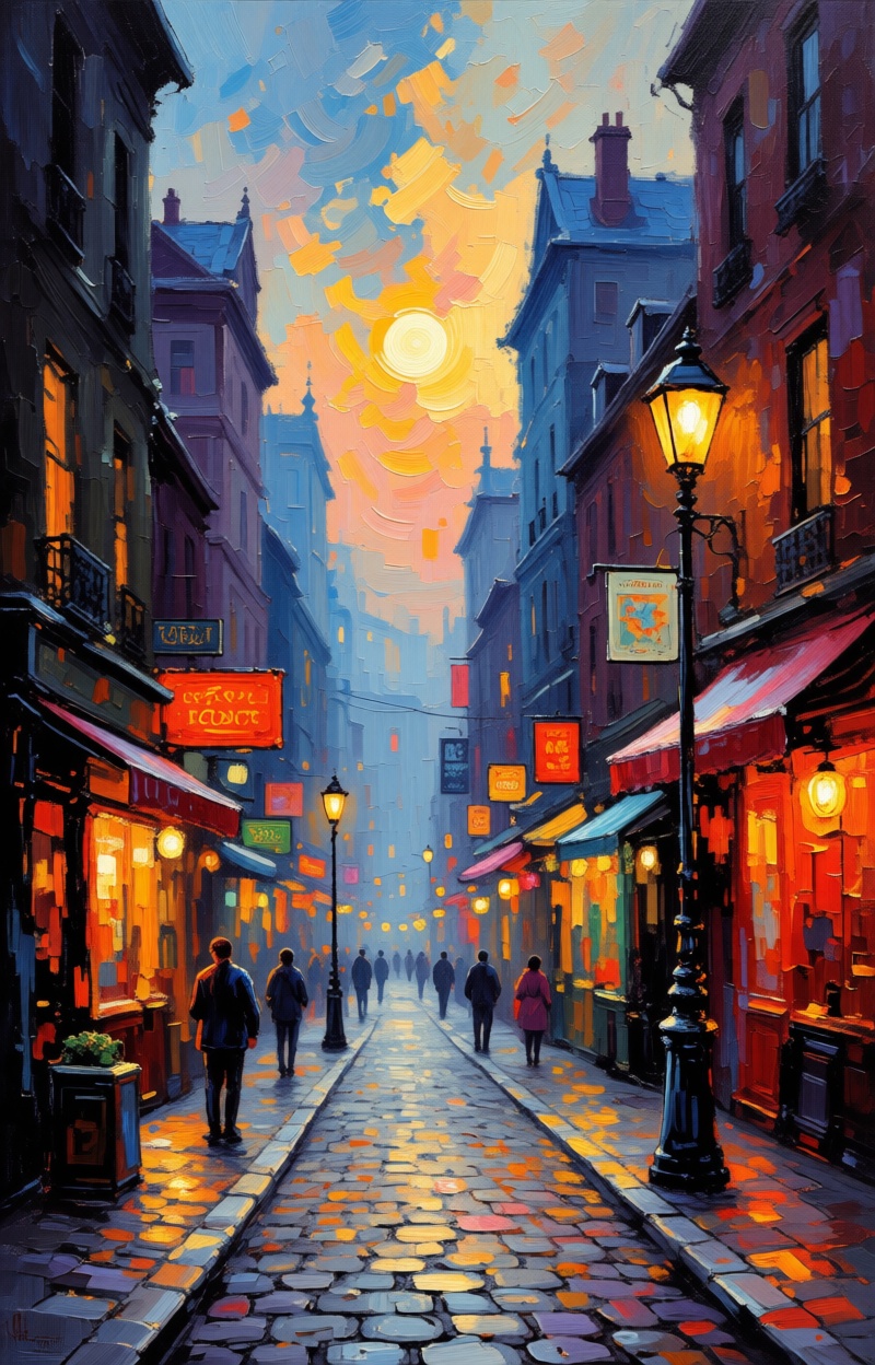 ((Painterly blur)). Impressionist oil painting,  city street scene,  dreamy atmosphere on Tensor.Art
