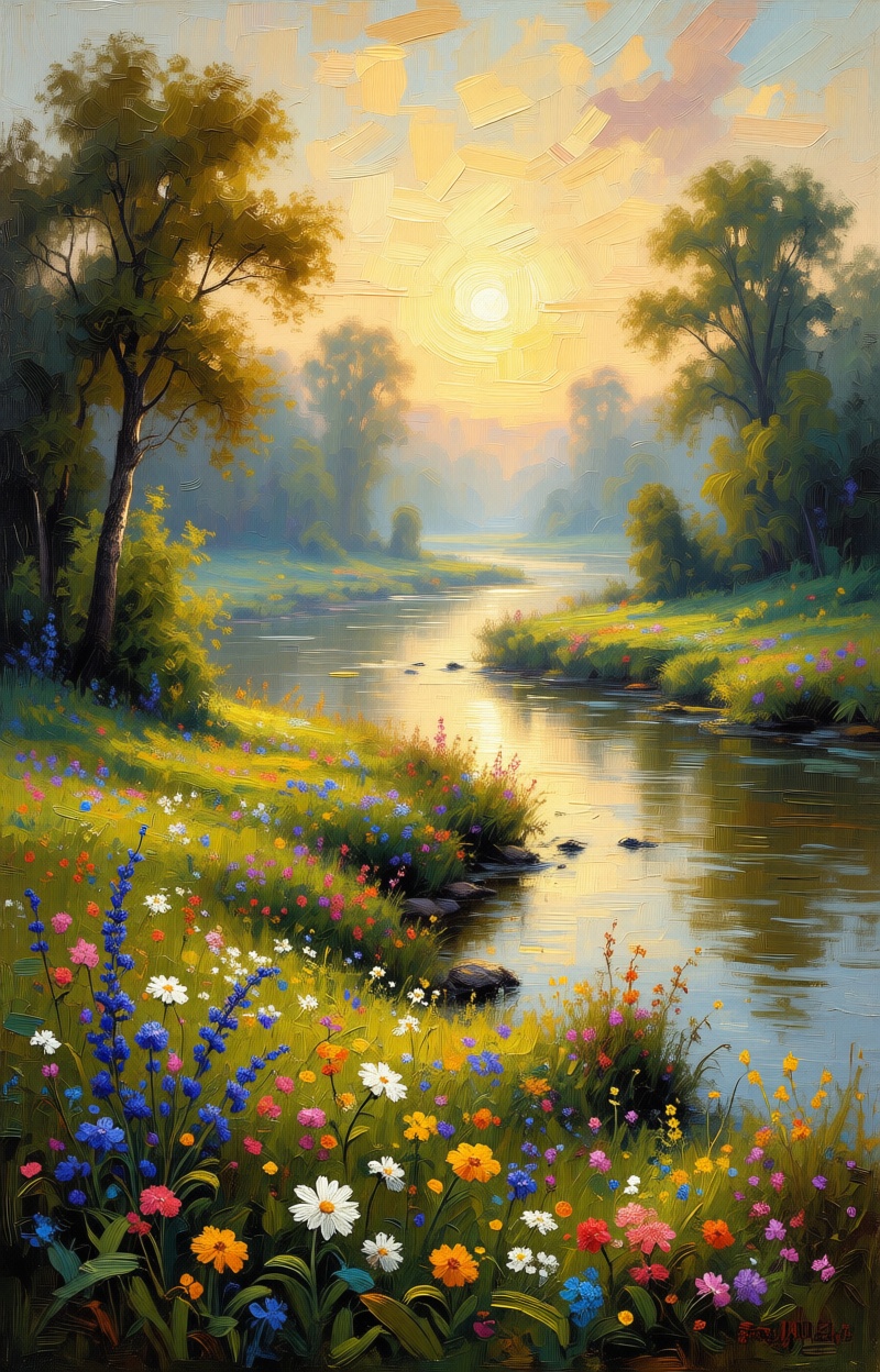 Oil painting. Impressionist style. Landscape with a meadow of flowers and a river. Wide shot,  atmospheric depth. Visible...