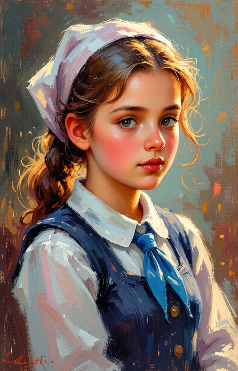 ((Painterly blur)). Impressionist oil painting,  portrait of a shool girl,  expressive brush strokes on Tensor.Art