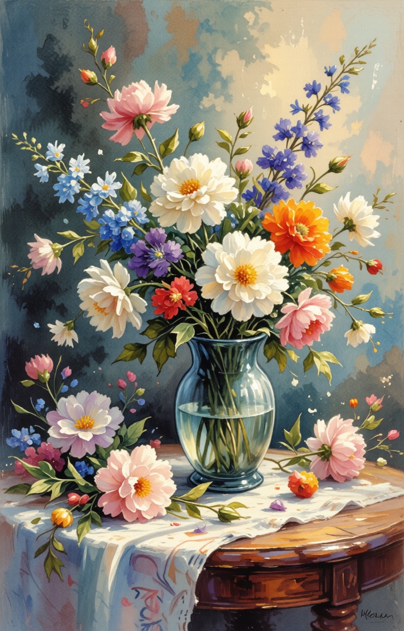 ((Painterly blur)). Impressionist watercolor painting,  still life with flowers,  delicate brush strokes on Tensor.Art