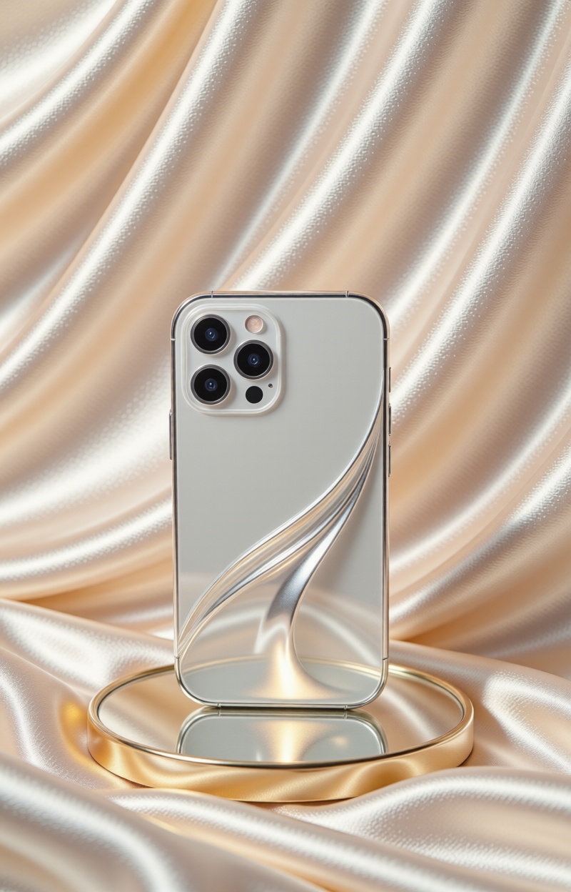 Eсomluxtexture. Smartphone on silver surface,  minimalist premium product layout,  stylish elegant composition on Tensor.Art