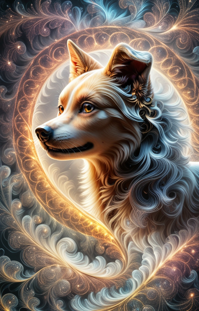 Fractalcreaplay. Portrait of a dog in profile. Dog made of fractal structures,  fractal object,  detailed fractal surface...
