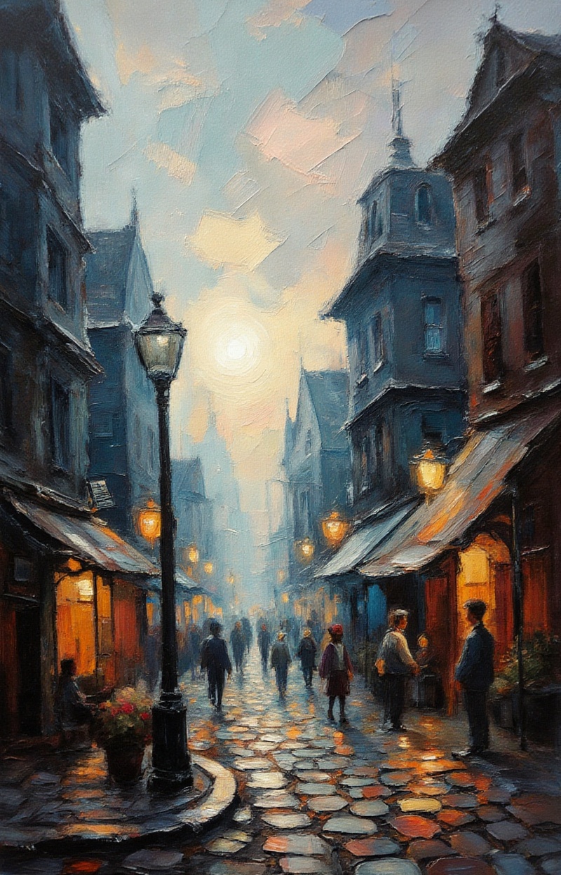 ((Painterly blur)). Impressionist oil painting,  city street scene,  dreamy atmosphere on Tensor.Art