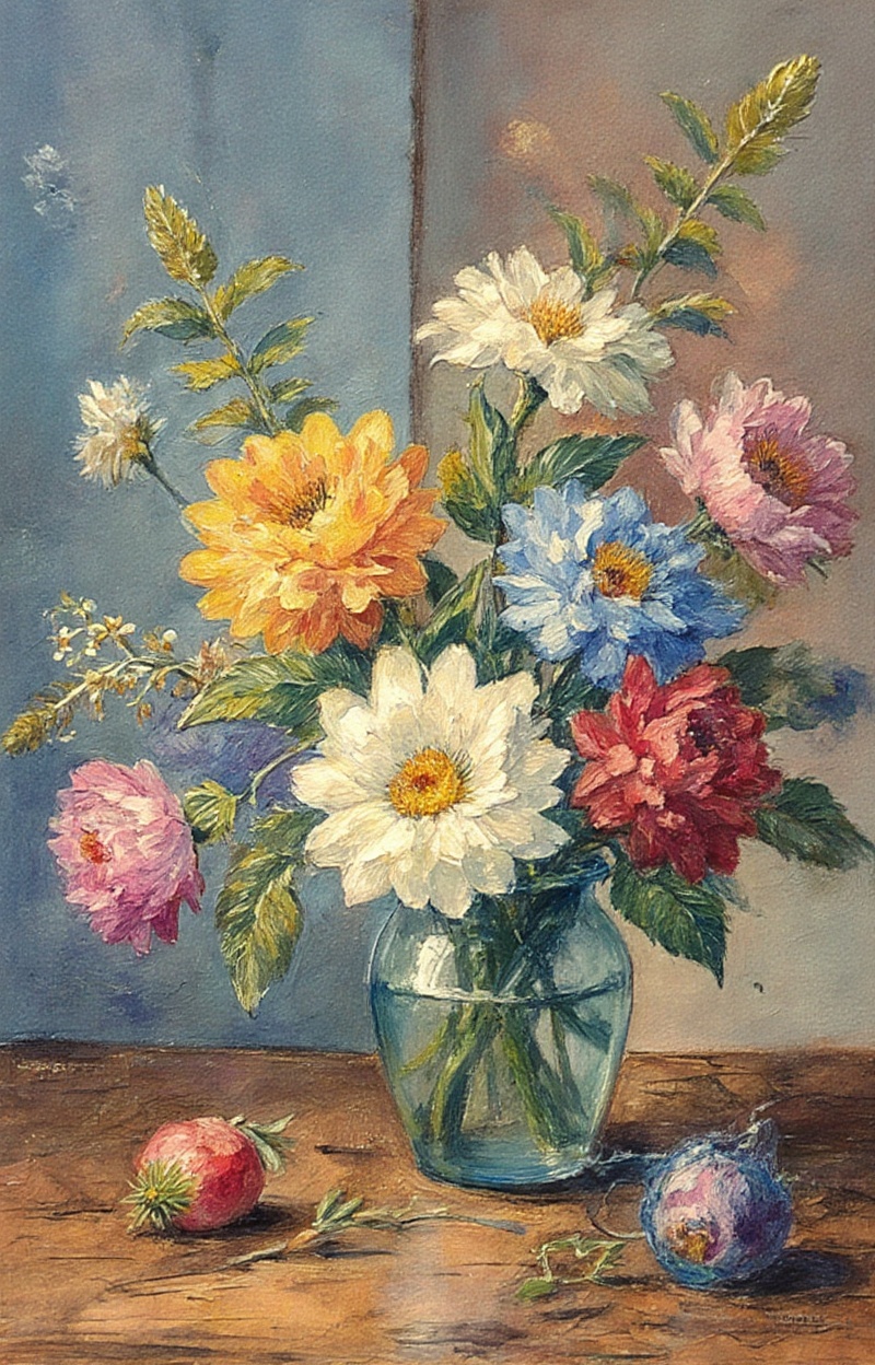 ((Painterly blur)). Impressionist watercolor painting,  still life with flowers,  delicate brush strokes on Tensor.Art