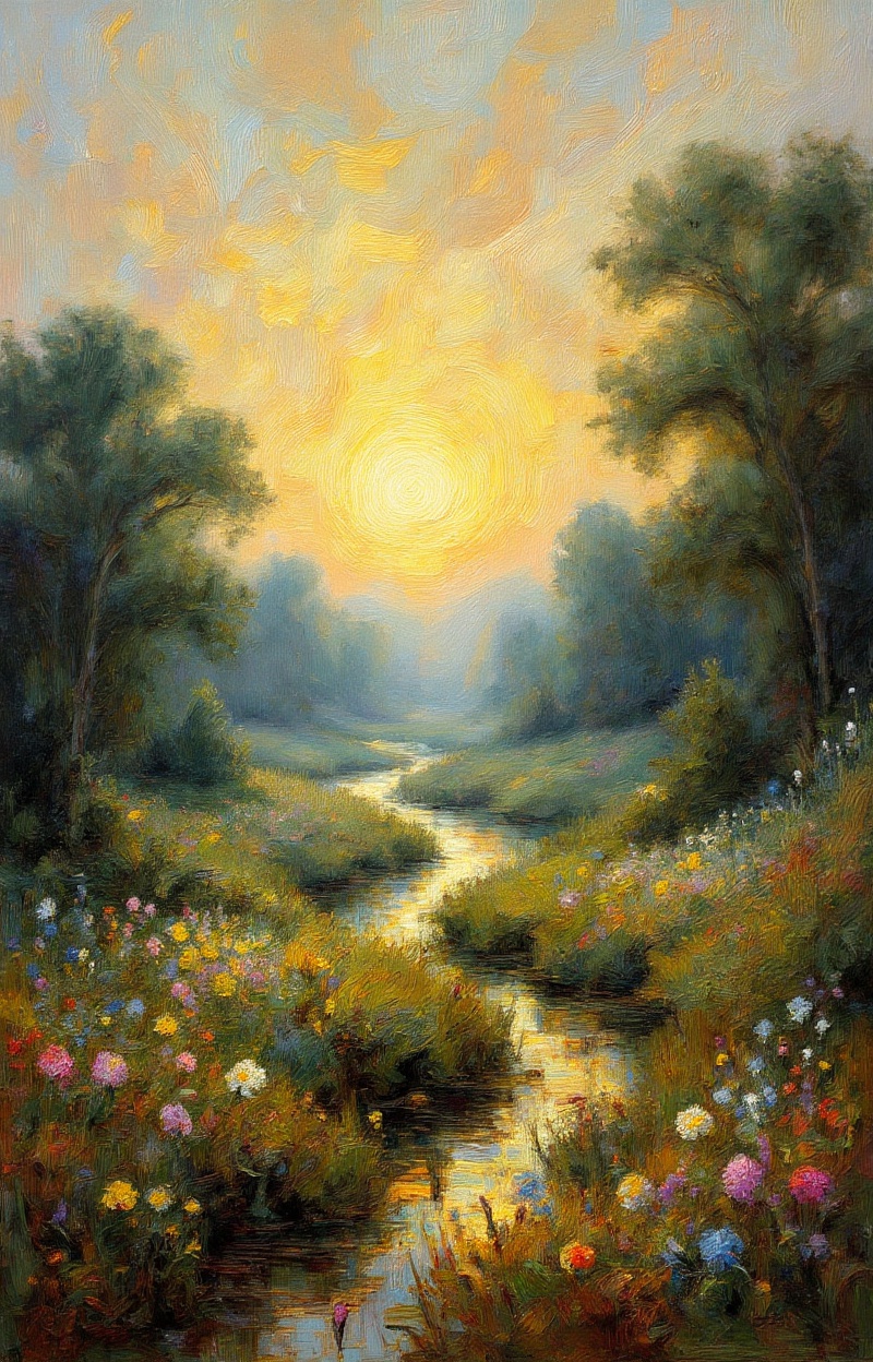 Oil painting. Impressionist style. Landscape with a meadow of flowers and a river. Wide shot,  atmospheric depth. Visible...