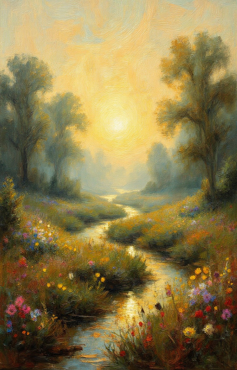 Oil painting. Impressionist style. Landscape with a meadow of flowers and a river. Wide shot,  atmospheric depth. Visible...