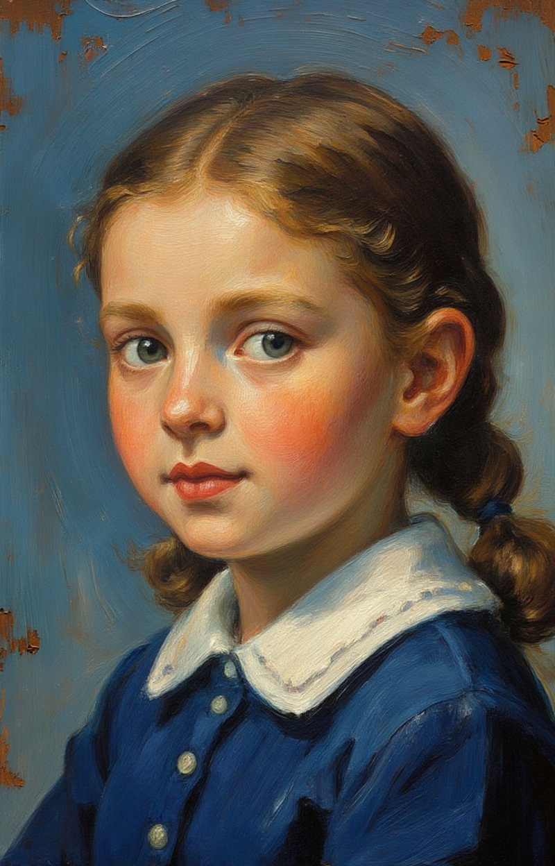 (Painterly blur)). Impressionist oil painting,  portrait of a schoolgirl,  expressive brush strokes on Tensor.Art