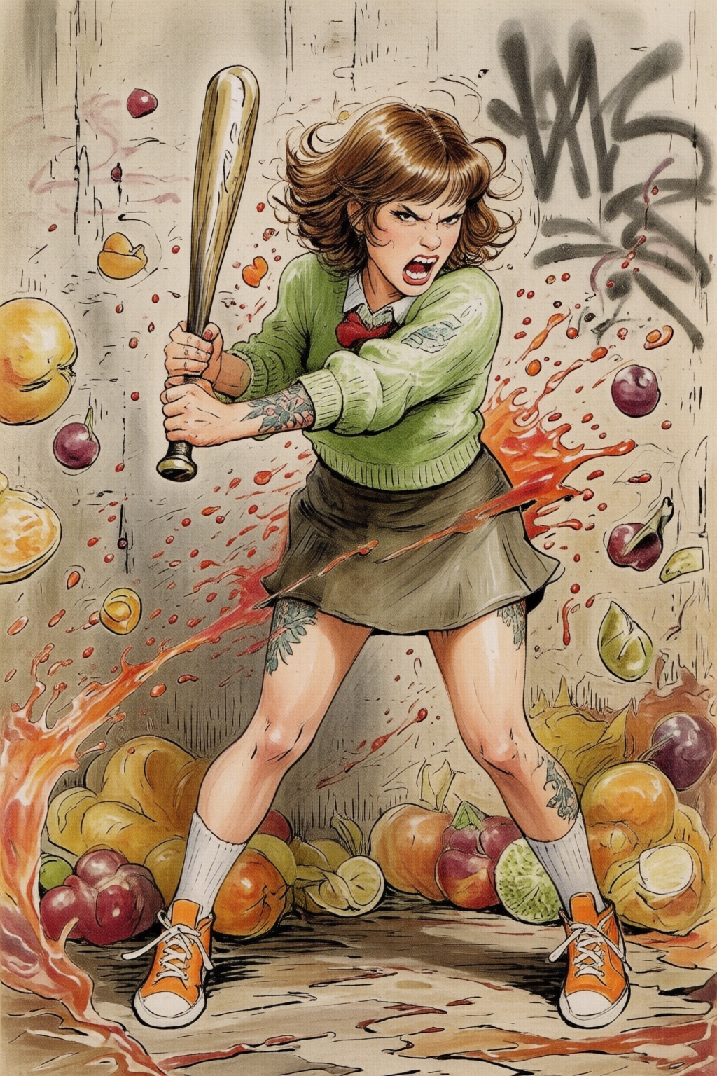 beatrixpotter2q illustration. Liquid splash,  juicy fruits chaos,  dynamic pose. Full-body shot a young woman threateningl...