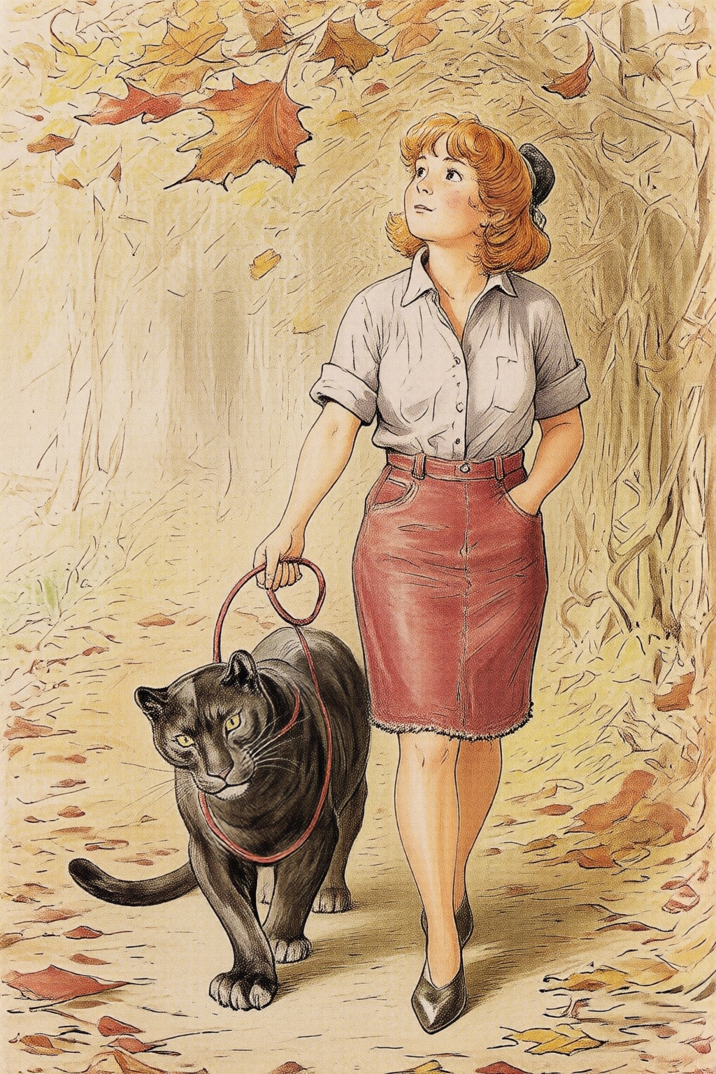 beatrixpotter2q illustration. A woman,  wearing a short-sleeved shirt and red jean miniskirt,  walking a black panther on...