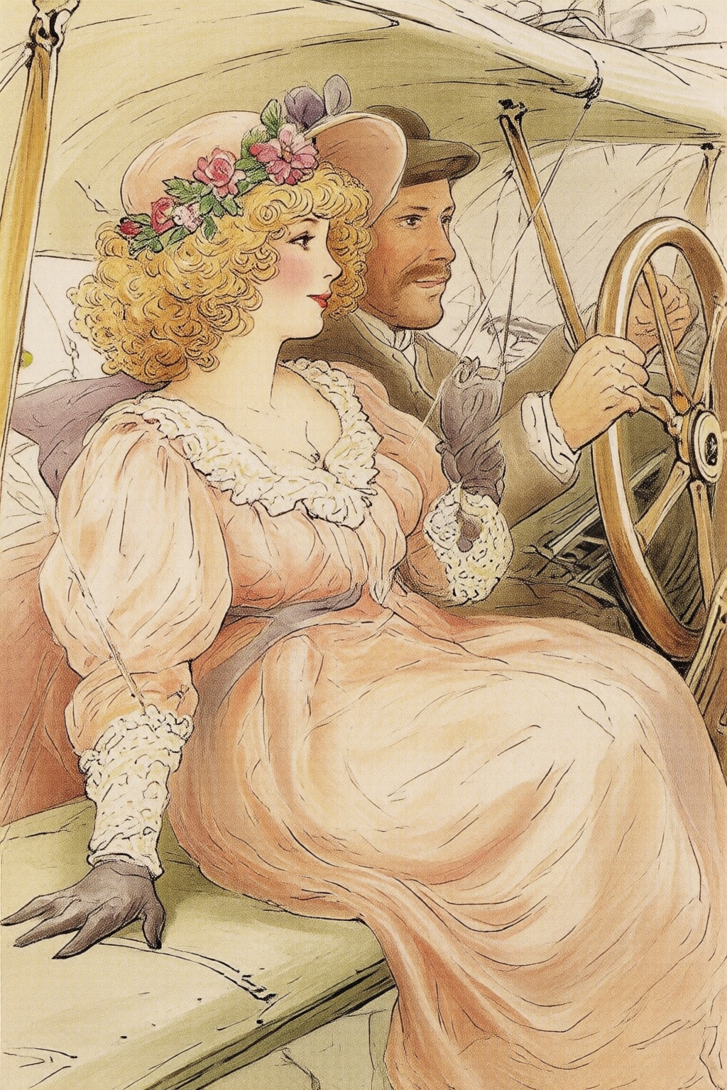 beatrixpotter2q illustration. A romantic scene of a couple on a vintage biplane. The woman,  in the foreground,  is a styl...