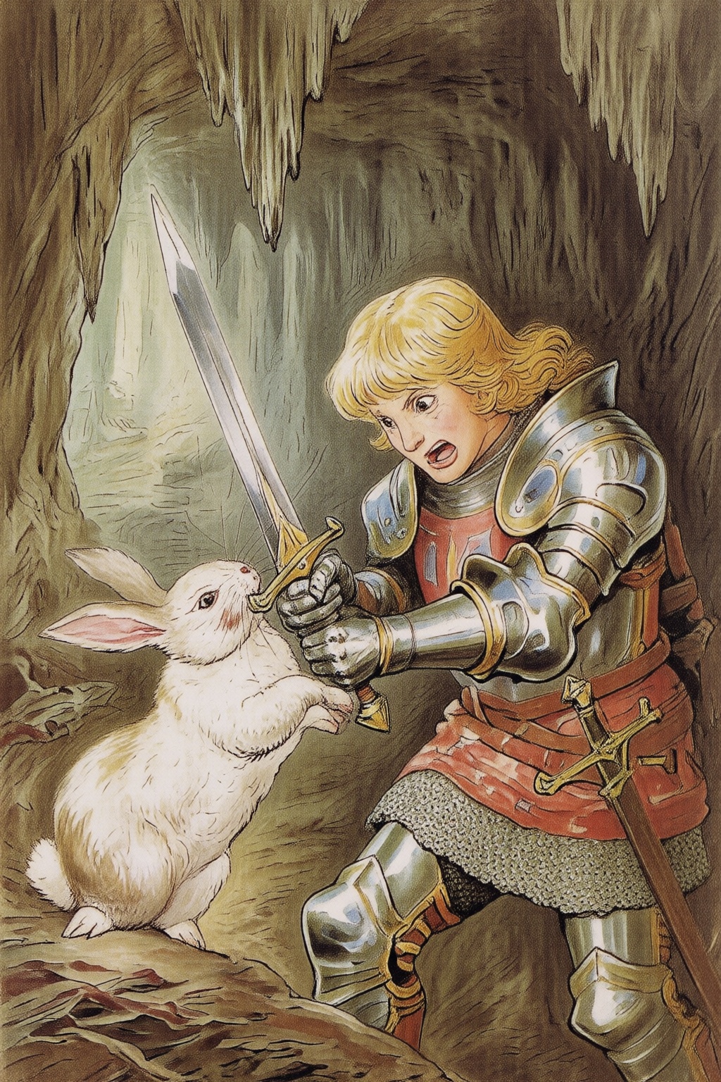 beatrixpotter2q illustration. A knight fighting a white rabbit. The blonde knight,  adorned with shining armor and a frigh...