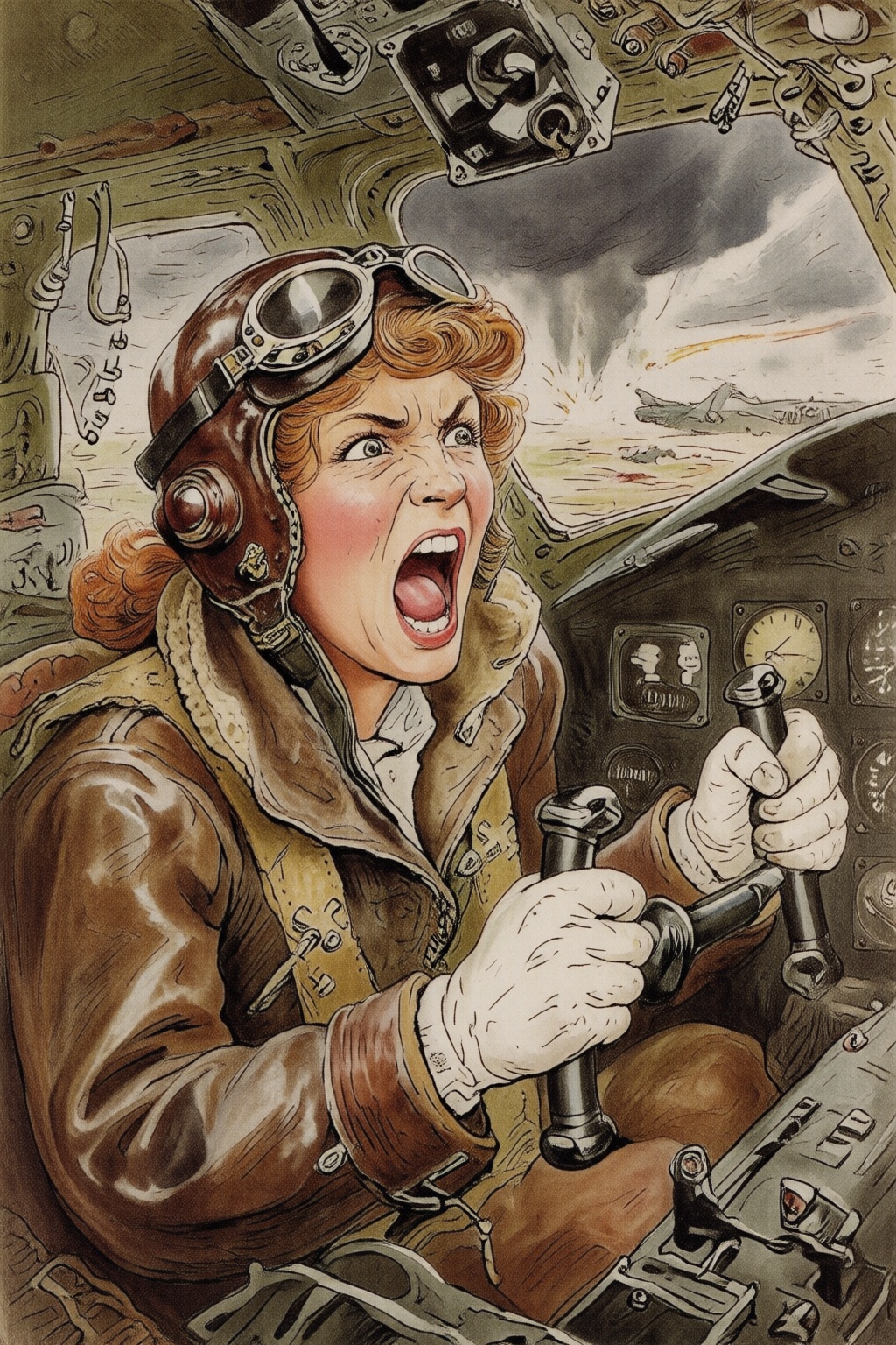 beatrixpotter2q illustration. A female pilot screaming inside the cockpit of a World War II bomber. The pilot,  wearing a...