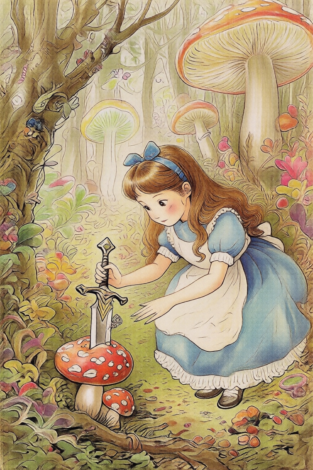 beatrixpotter2q illustration. A young Japanese woman dressed as Alice in Wonderland. She has long,  wavy hair,  held back...