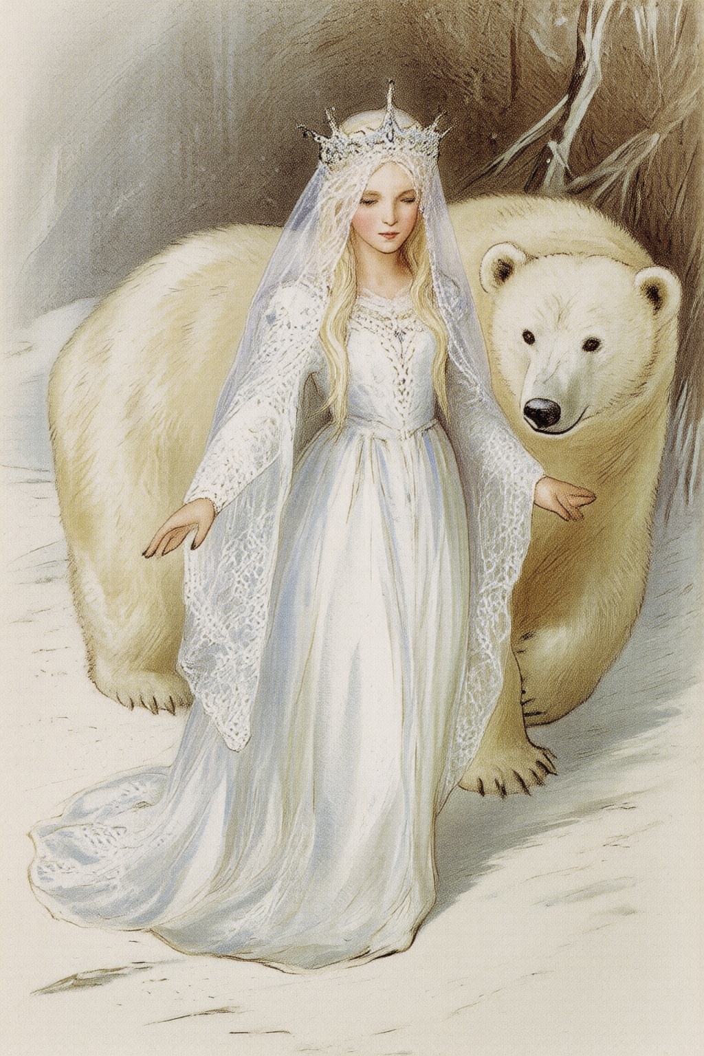 beatrixpotter2q illustration. dulac1. A Snow Queen with an ethereal appearance. She is dressed in a flowing,  long white g...