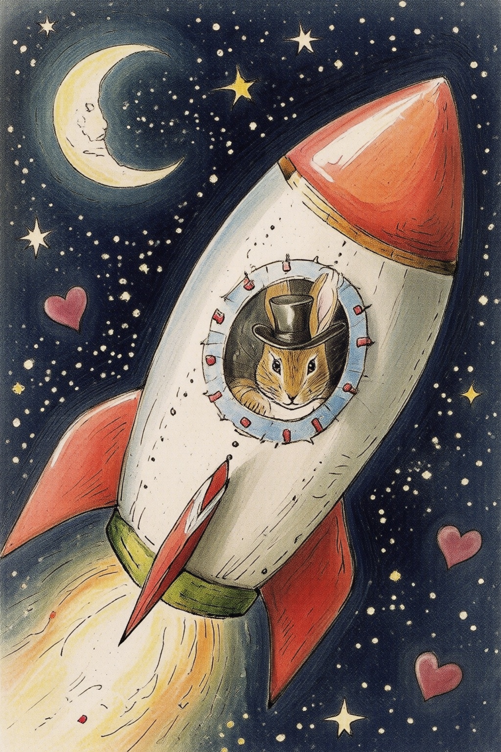 beatrixpotter2q illustration. A rocket ship in space. There is a rabbit wearing a top hat inside the rocket,  visible thro...