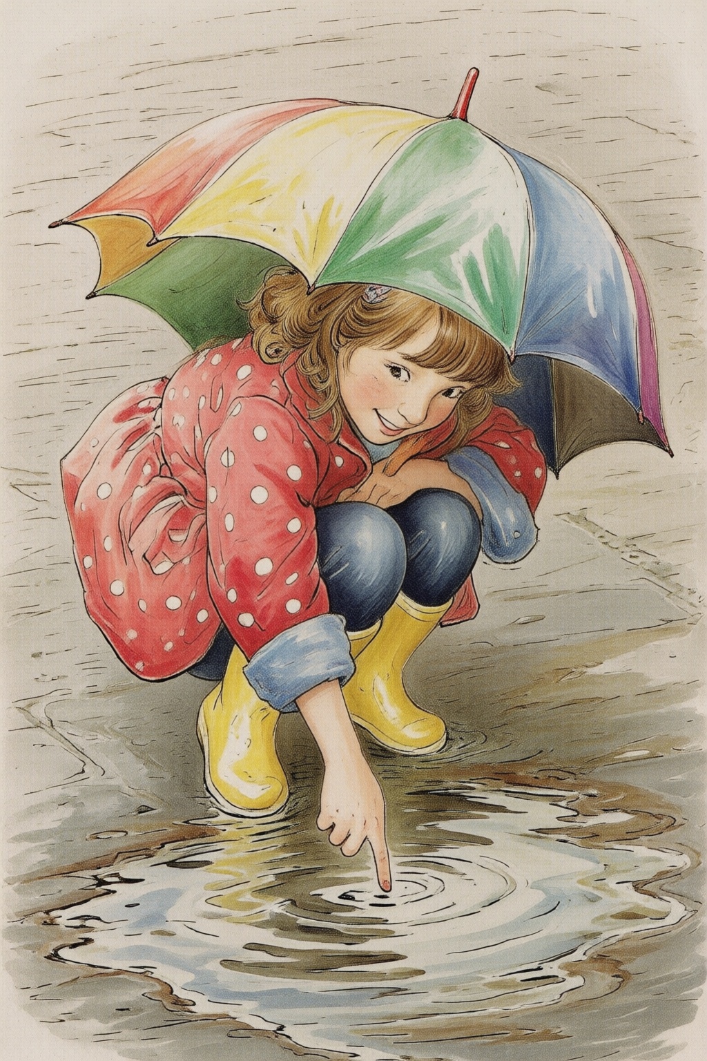 beatrixpotter2q illustration. High angle view of a young woman,  crouching low to the ground in a puddle. She is wearing b...