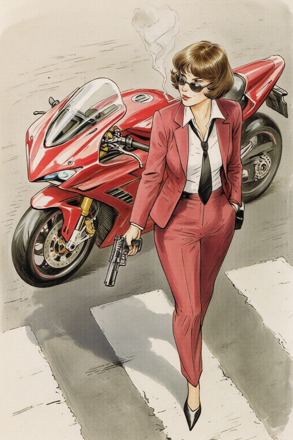 beatrixpotter2q illustration. High angle view of a woman walking away from a futuristic red motorcycle parked at a zebra c...