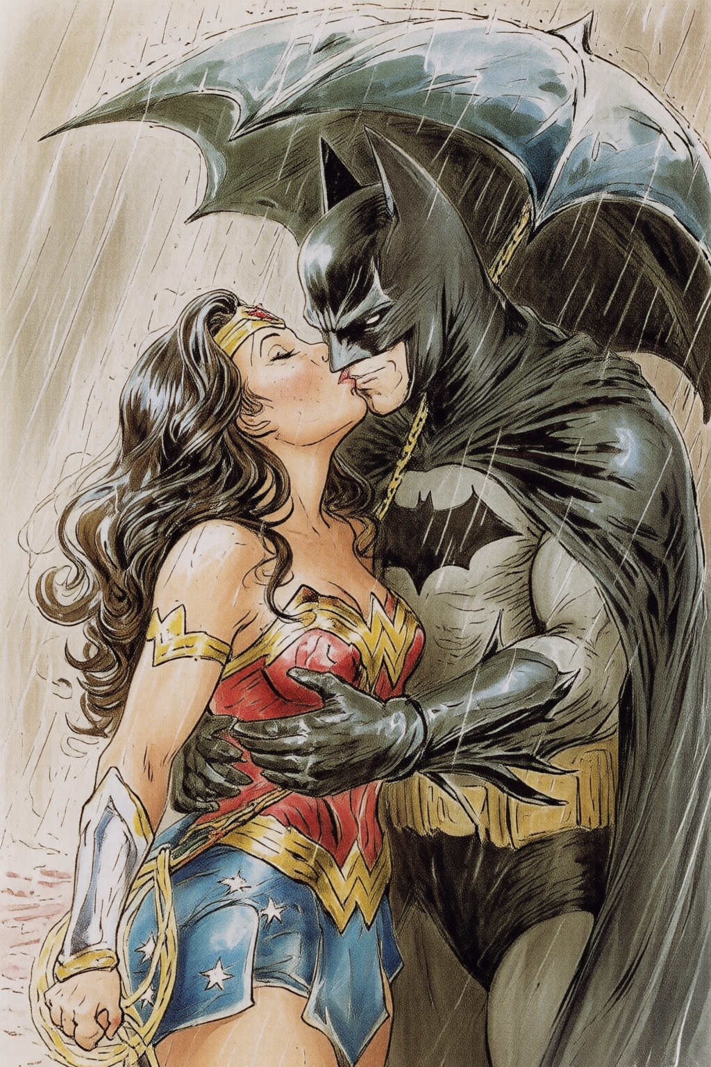 beatrixpotter2q illustration. Wonder Woman and Batman Kissing in the rain on Tensor.Art