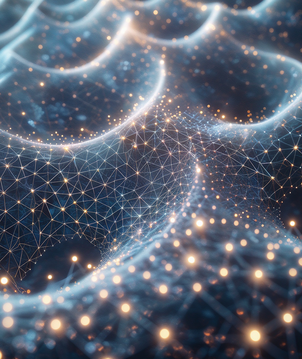 A 3D render of thousands of tiny,  glowing,  geometric particles. They are forming a vast on Tensor.Art